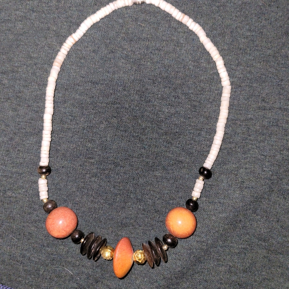 White shell and orangish-tanish-brown wood beads 18in necklace